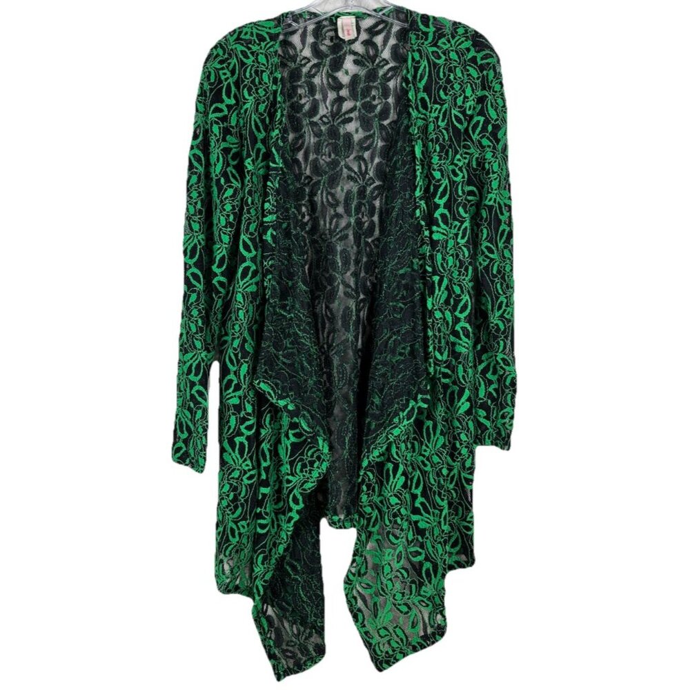 VTG J Mode Medium Emerald Green & Black Lace Floral Open 36"L Cardigan USA EUC